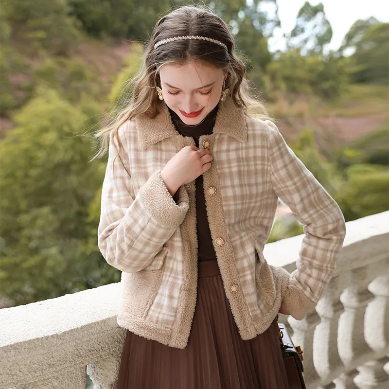 Checkered Lamb Cashmere Patchwork Cotton Jacket For Women - Khaki