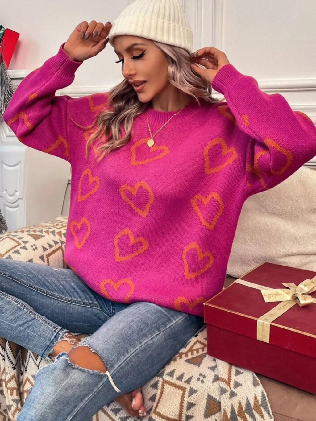 Foreign Trade Cross-border Hot Christmas Knitted Loose Heart-shaped Jacquard Sweater - Rose Red