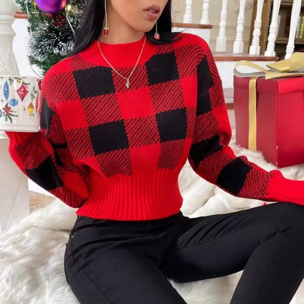 Round Neck Loose Jacquard Plaid Fashion Sweater - Red And Black