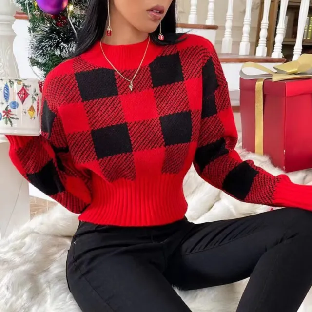Round Neck Loose Jacquard Plaid Fashion Sweater Red And Black - Shop at LoveMi