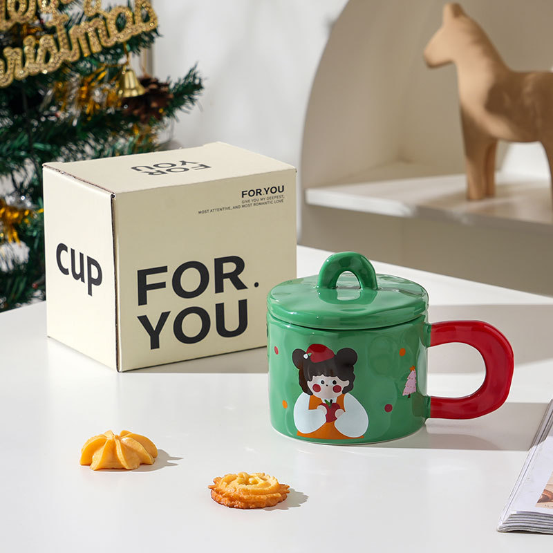 Cute Happy Girl Mug Candy Color Ceramic With Lid Household