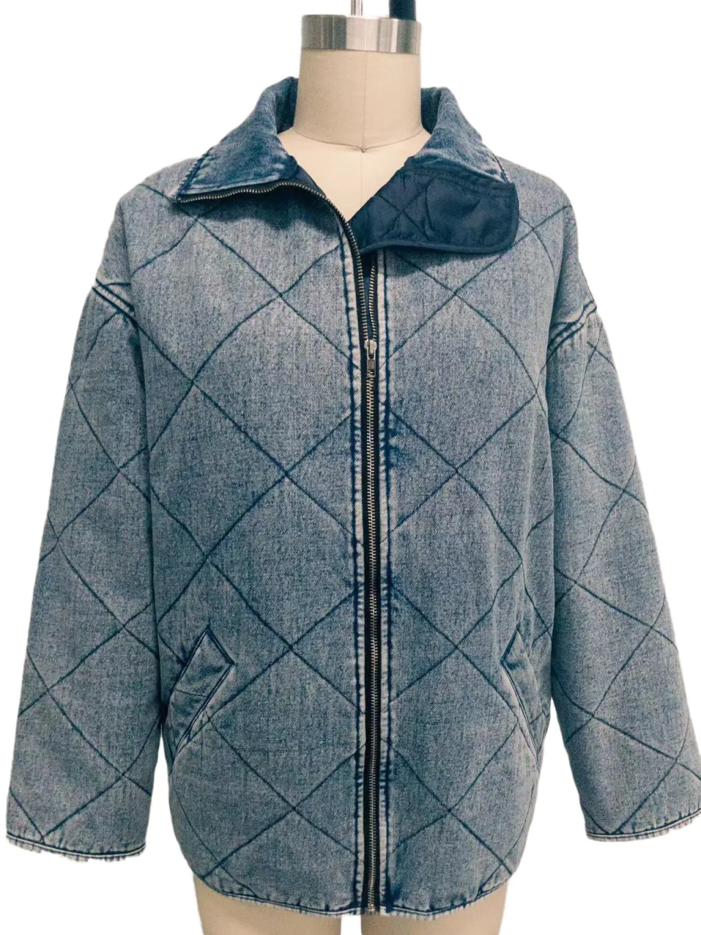 Padded Lapel Loose Double Pocket Jacket - Light Blue
