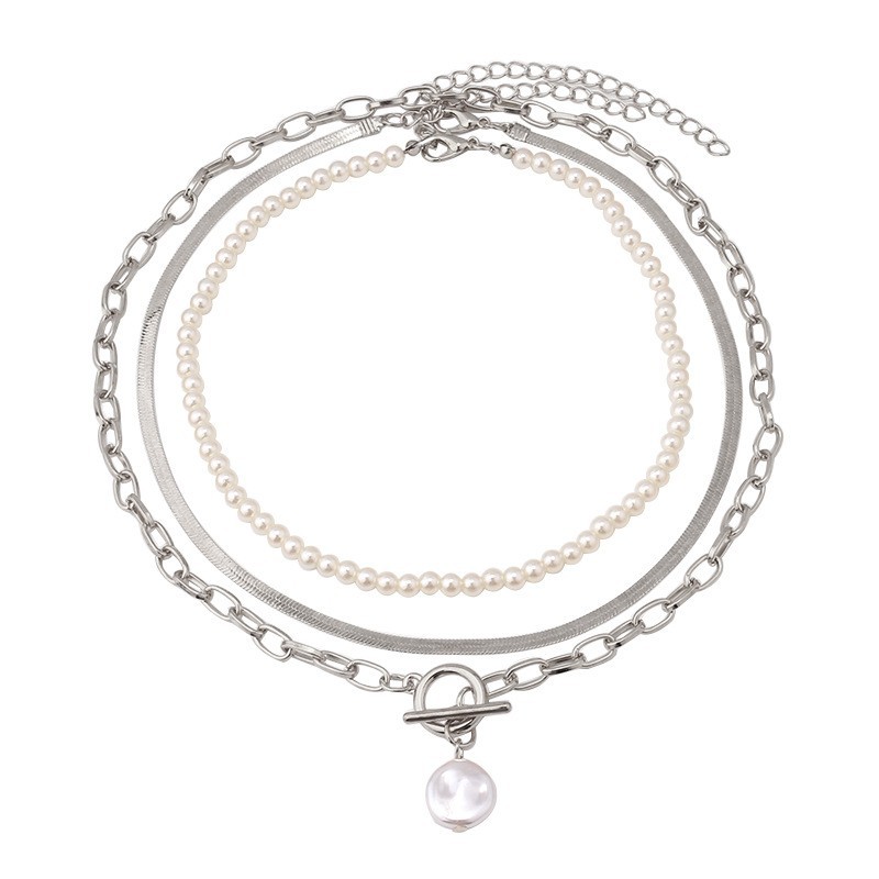 Elegant Multi-layer Pearl Personality All-match Chain Like Flat Snake Baroque Necklace