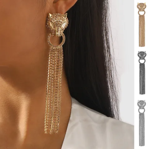 Personalized Leopard Head Earrings with Tassel Rhinestones Trendy Fashion