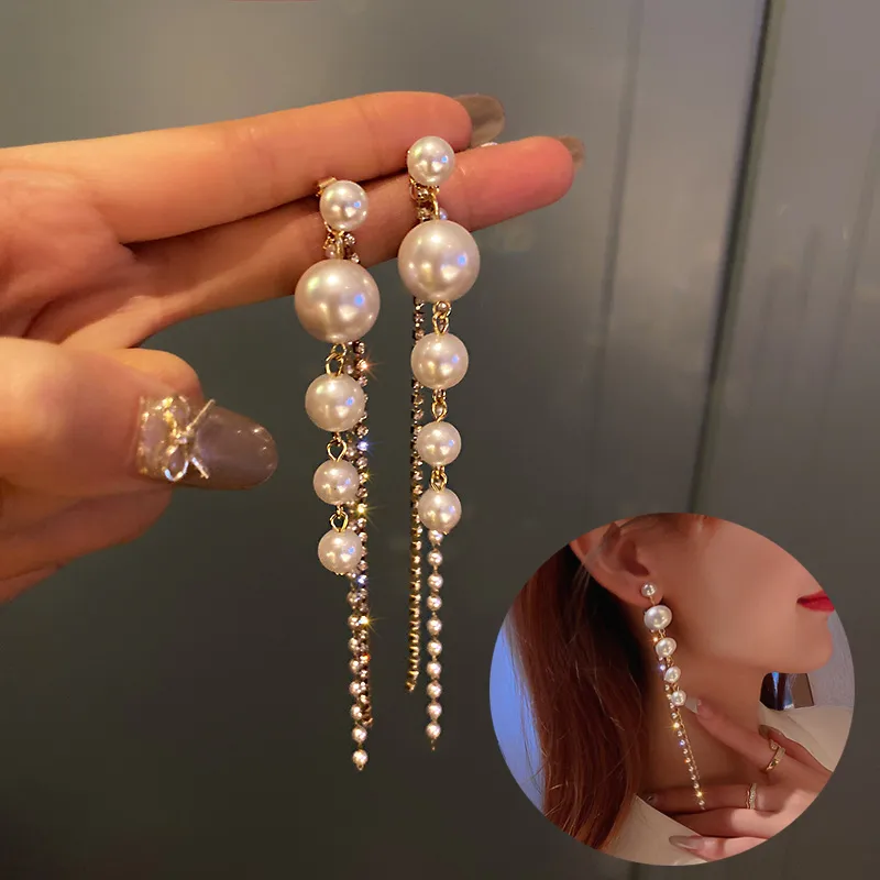 Temperament Pearl Tassel Long Earrings with 925 Silver Needle