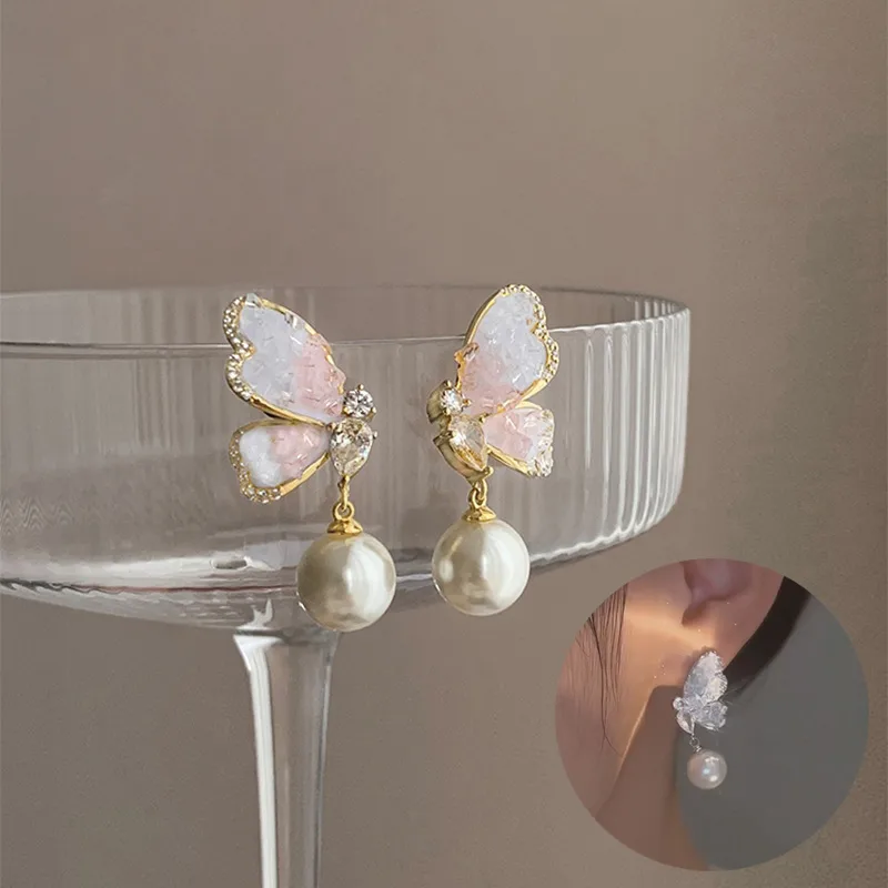Gradient Butterfly Pearl Earrings with Rhinestones Luxury Personalized