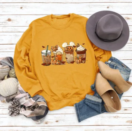 Christmas Latte European American Fashion Floral Print Round Neck Sweater Yellow - Shop at LoveMi