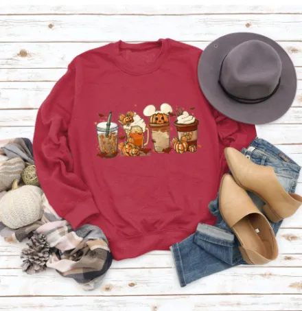 Christmas Latte European American Fashion Floral Print Round Neck Sweater Red - Shop at LoveMi