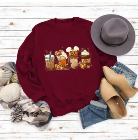 Christmas Latte European American Fashion Floral Print Round Neck Sweater Wine Red - Shop at LoveMi