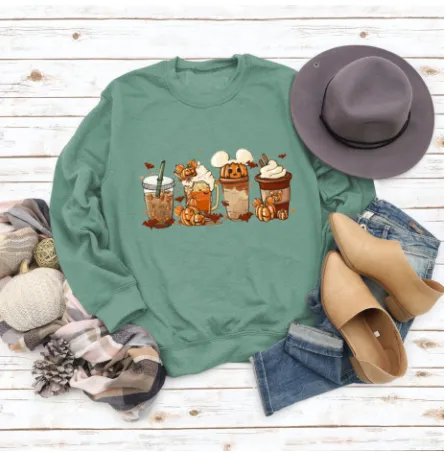 Christmas Latte European American Fashion Floral Print Round Neck Sweater Light Green - Shop at LoveMi