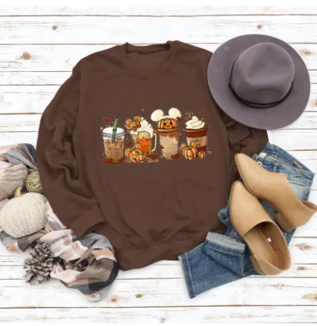 Christmas Latte European American Fashion Floral Print Round Neck Sweater - Coffee