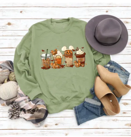 Christmas Latte European American Fashion Floral Print Round Neck Sweater - Olive