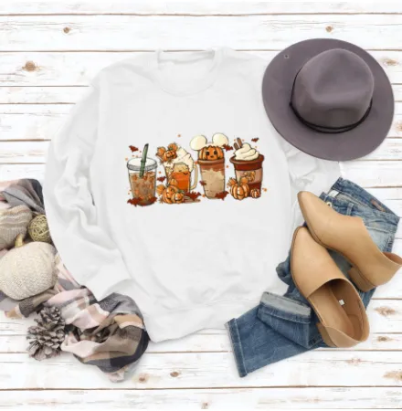 Christmas Latte European American Fashion Floral Print Round Neck Sweater White - Shop at LoveMi