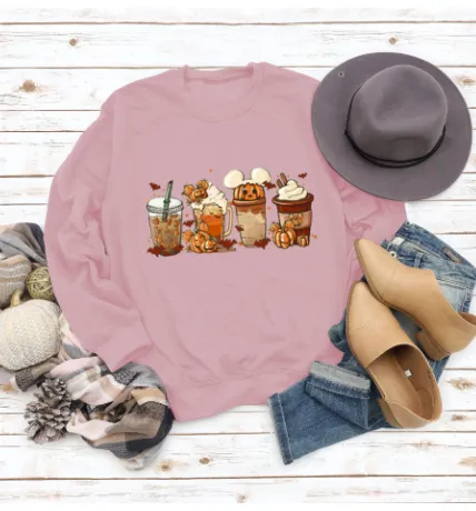 Christmas Latte European American Fashion Floral Print Round Neck Sweater - Pink