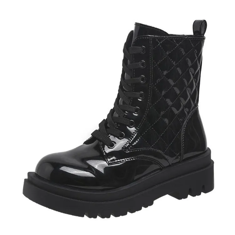Lace-up Thick-heeled Boots Winter Casual Round Toe Platform Ankle Boots Women Fashion Quilted Pattern Minimalist Motorcycle Shoes - Black