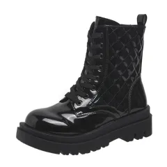 Lace-up Thick-heeled Boots Winter Casual Round Toe Platform Ankle Boots Women Fashion Quilted Pattern Minimalist Motorcycle Shoes - Black - View 1
