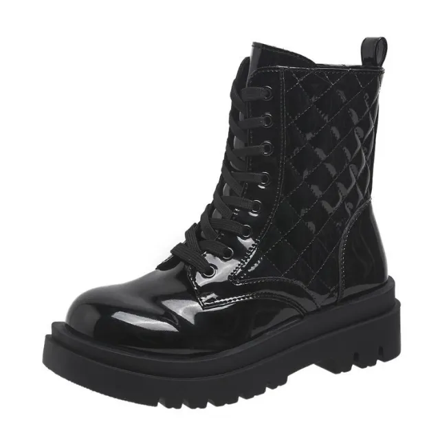 Lace up Thick heeled Boots Winter Casual Round Toe Platform Ankle Boots Women Fashion Quilted Pattern Minimalist Motorcycle Shoes Black - Shop at LoveMi
