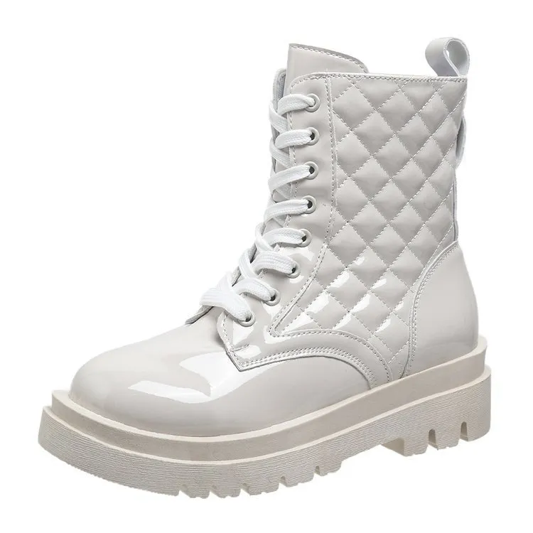 Lace-up Thick-heeled Boots Winter Casual Round Toe Platform Ankle Boots Women Fashion Quilted Pattern Minimalist Motorcycle Shoes - Beige
