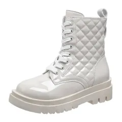 Lace-up Thick-heeled Boots Winter Casual Round Toe Platform Ankle Boots Women Fashion Quilted Pattern Minimalist Motorcycle Shoes - Beige - View 1