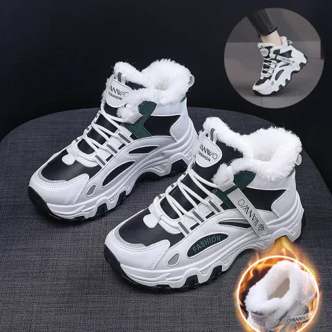 Fashion Black White Lace-up Sneakers Winter Warm All-match Plush