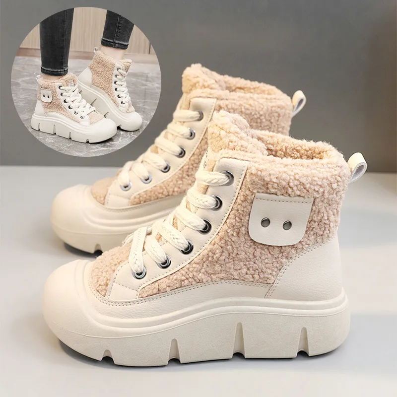 Lace-up High-top Flat Shoes for Women Winter Warm Cashmere