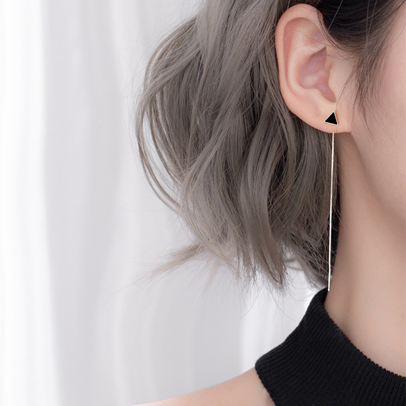 S925 Sterling Silver Black Triangle Hanging Earrings - Image 2
