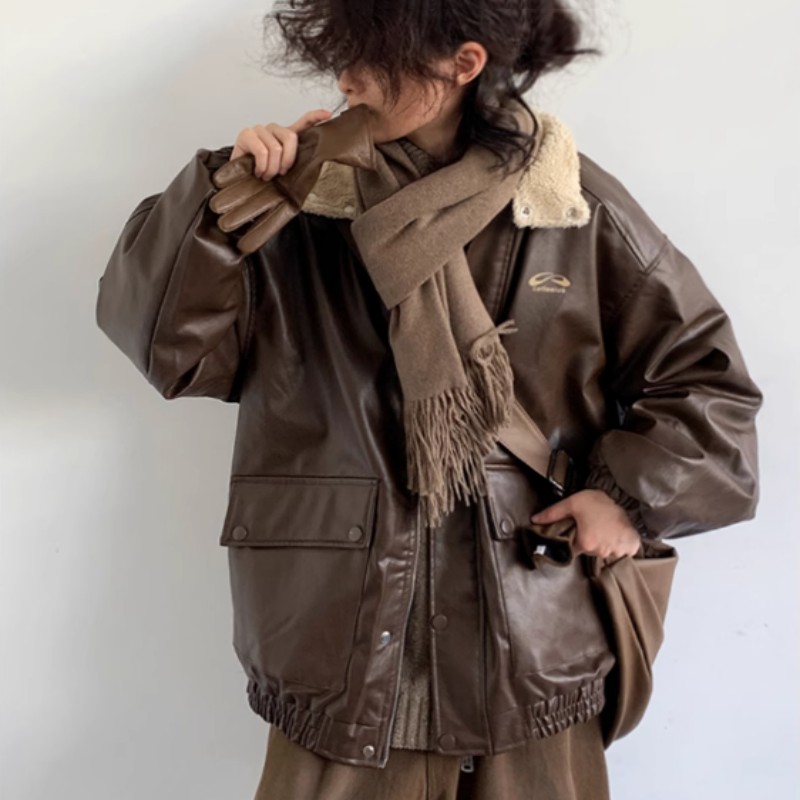 Lambswool Leather Men's Loose Motorcycle PU Jacket