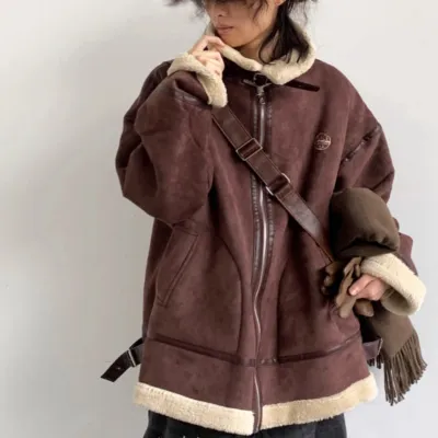 Brown Suede Men's Stand Collar Lamb Wool Cotton-padded Jacket
