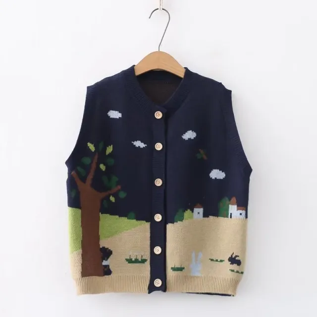 Graffiti Jacquard Loose Knitted Vest Girl Navy Blue - Shop at LoveMi