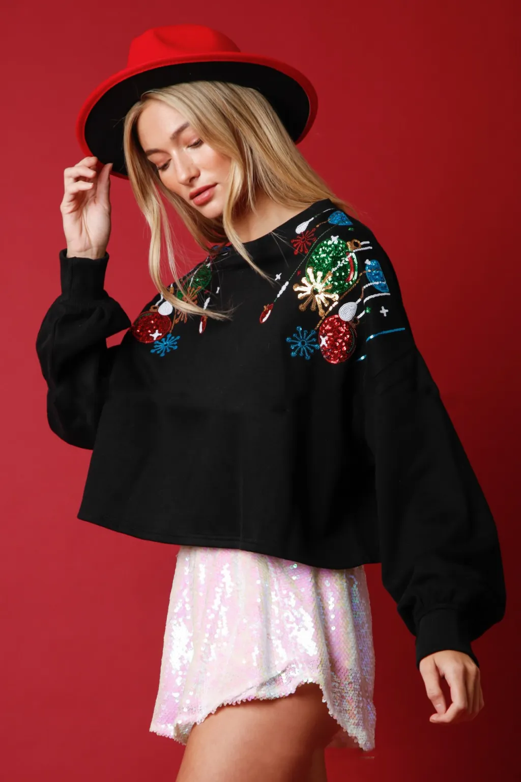 Women's Fashion Christmas Sequined Round Neck Pullover - Black