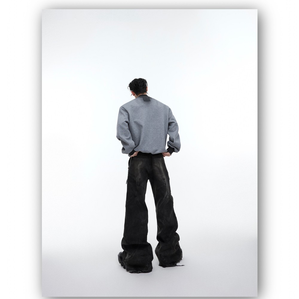 Worn Out Spray Painted Shoulder Padded Round Neck Hoodie