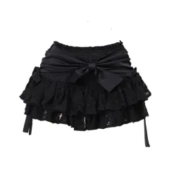 Black A-line Skirt Bow Lace Fluffy Skirt - Black - View 1