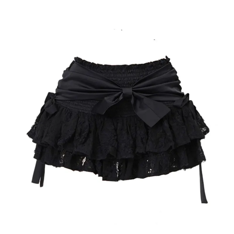 Black A-line Skirt Bow Lace Fluffy Skirt - Black