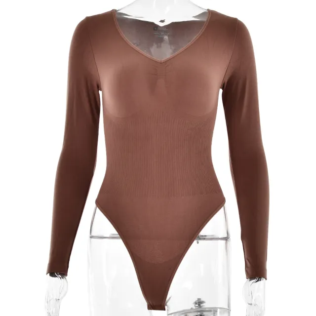 Knitted Women's Long sleeved Bottoming Shirt Tight Jumpsuit Brown - Shop at LoveMi