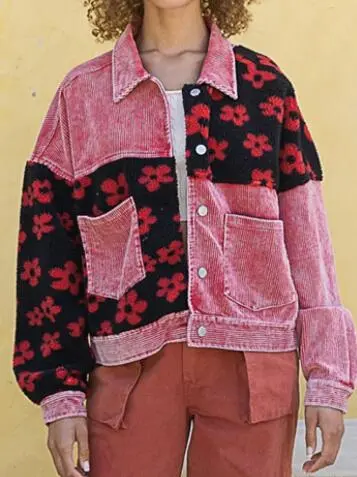 Corduroy Splicing Coat Fashion Color Contrast - Watermelon Red