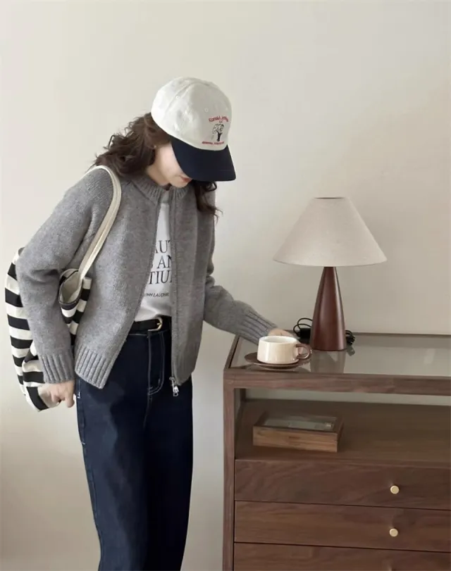 Retro Lazy Double Zipper Knitted Coat Grey - Shop at LoveMi