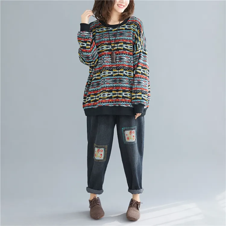 Women's Loose Plush Artistic Warm Striped Round Neck Pullover Knitted Sweater - Blue