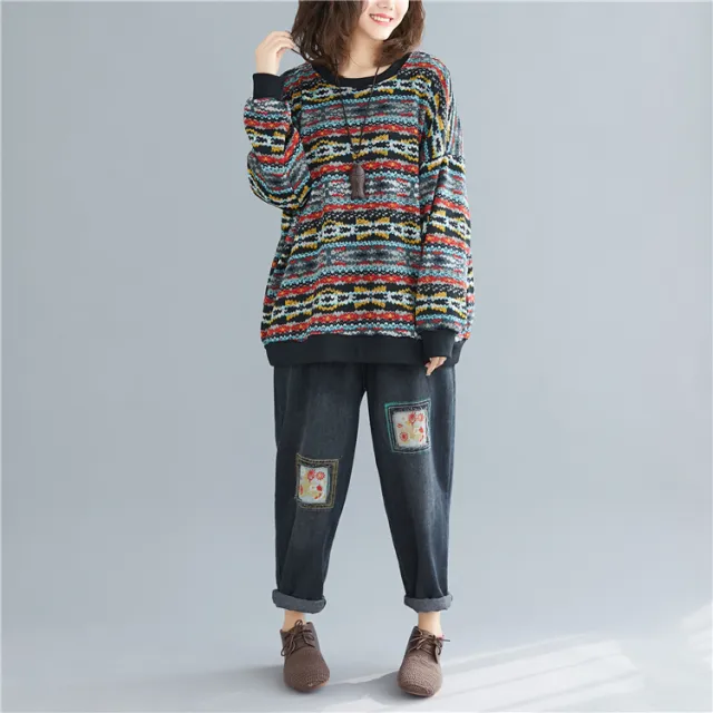 Women's Loose Plush Artistic Warm Striped Round Neck Pullover Knitted Sweater Blue - Shop at LoveMi
