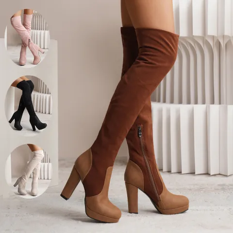 New Long Boots for Women Elastic Suede High Square