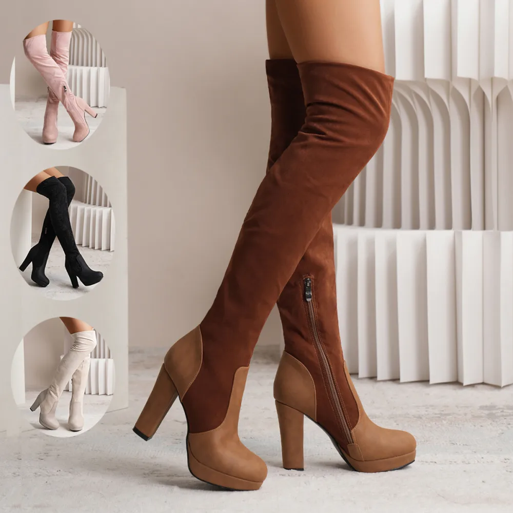 New Long Boots for Women Elastic Suede High Square