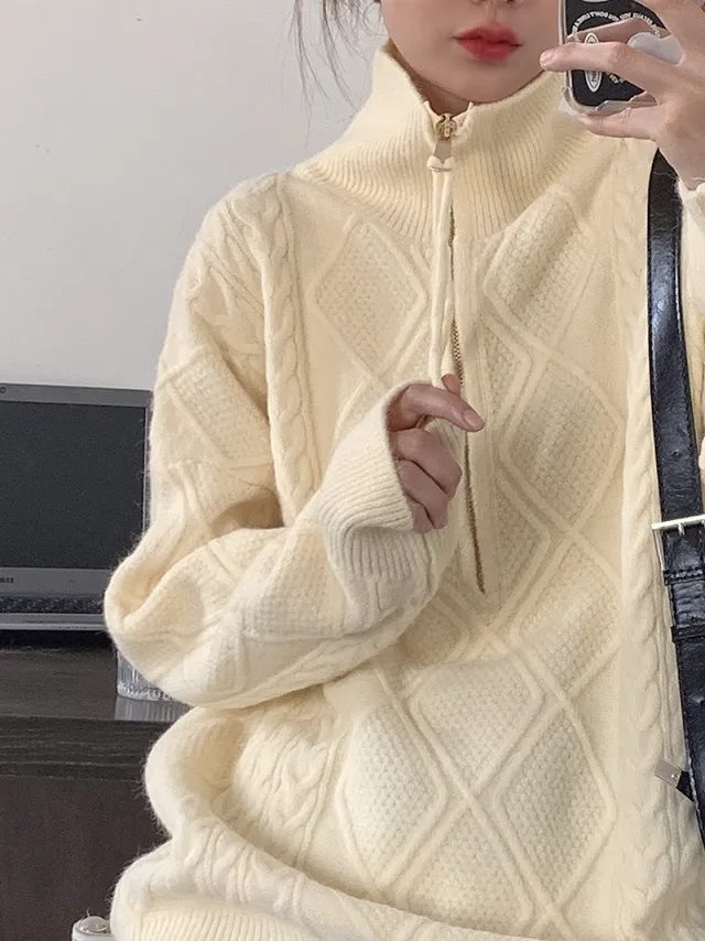 Mock Neck Zipper Fried Dough Twists Pullover Sweater Apricot - Shop at LoveMi