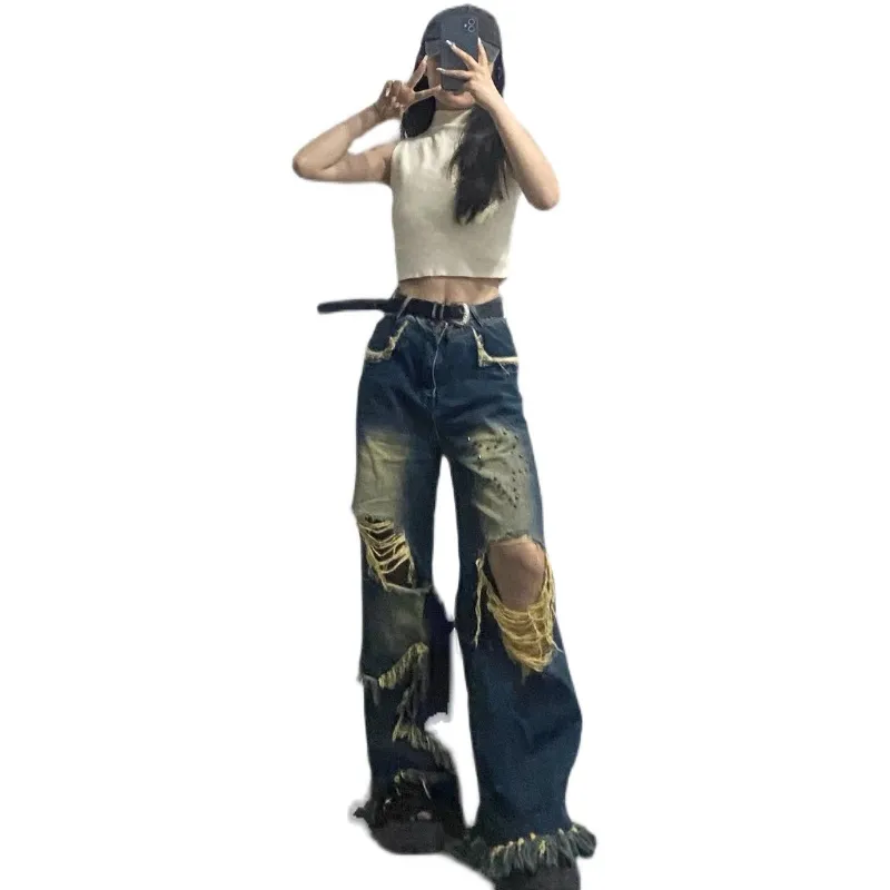 Oversized American Vintage Tassel Distressed Jeans - Blue