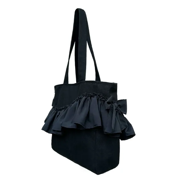 Solid Color Tote Bow Lace Shopping Bag Black - Shop at LoveMi