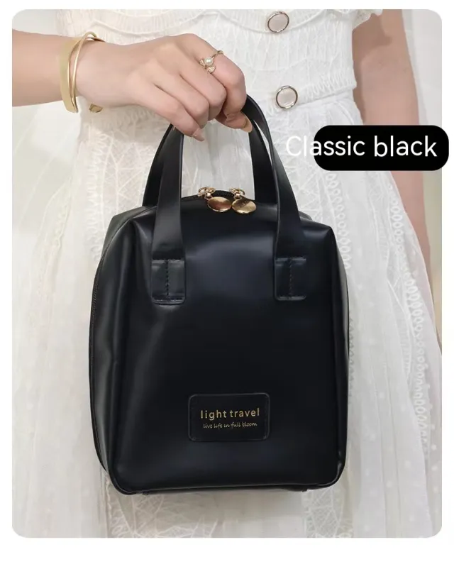 Shell Shape PU Leather Cosmetic Bag Waterproof Letter Makeup Pouch Bag Multifunction Carry on Makeup Tote Travel Wash Bags Black - Shop at LoveMi