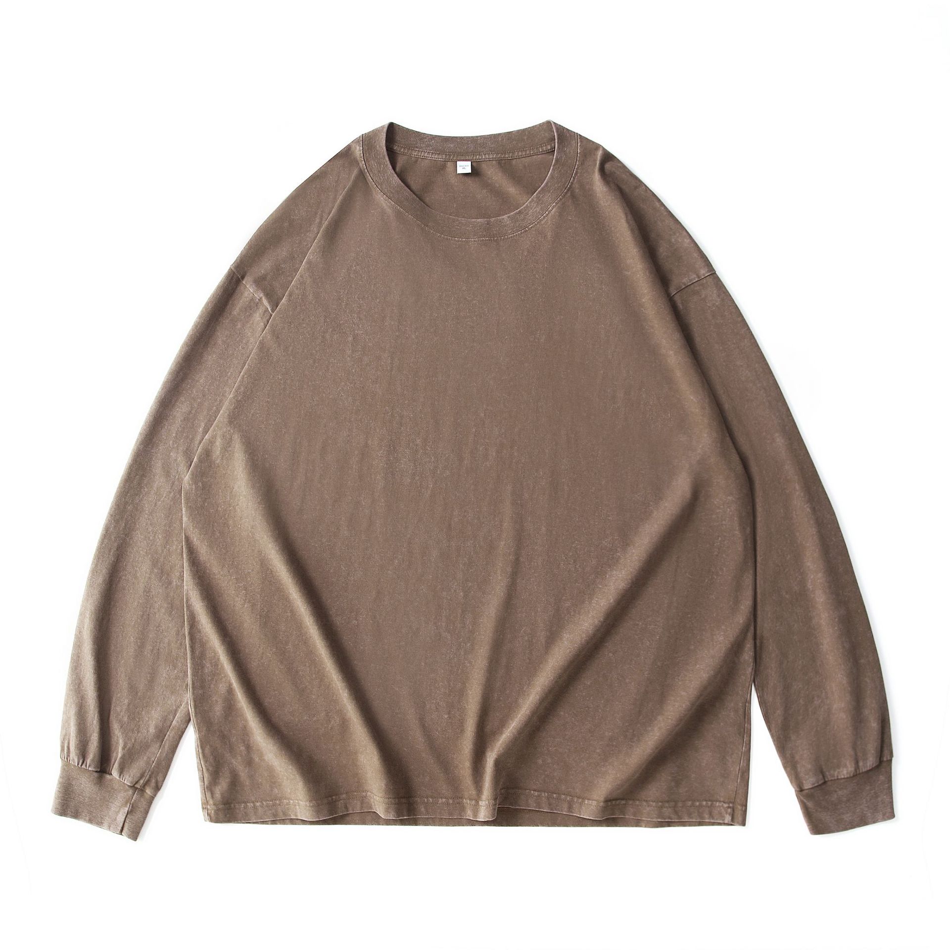 Heavy Distressed T-shirt Long Sleeve Plus Size Drop Shoulder Cotton Washed-out Vintage Autumn Clothes Loose Women