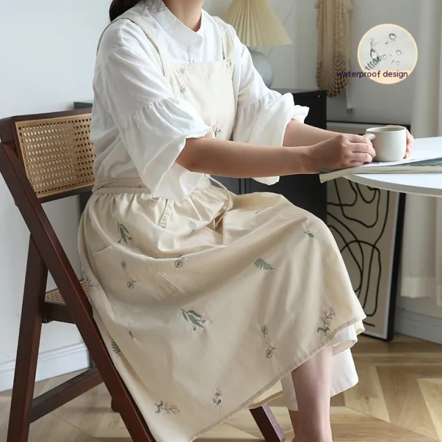 Simple Embroidery Cotton Household Kitchen Apron Embroidery Beige - Shop at LoveMi