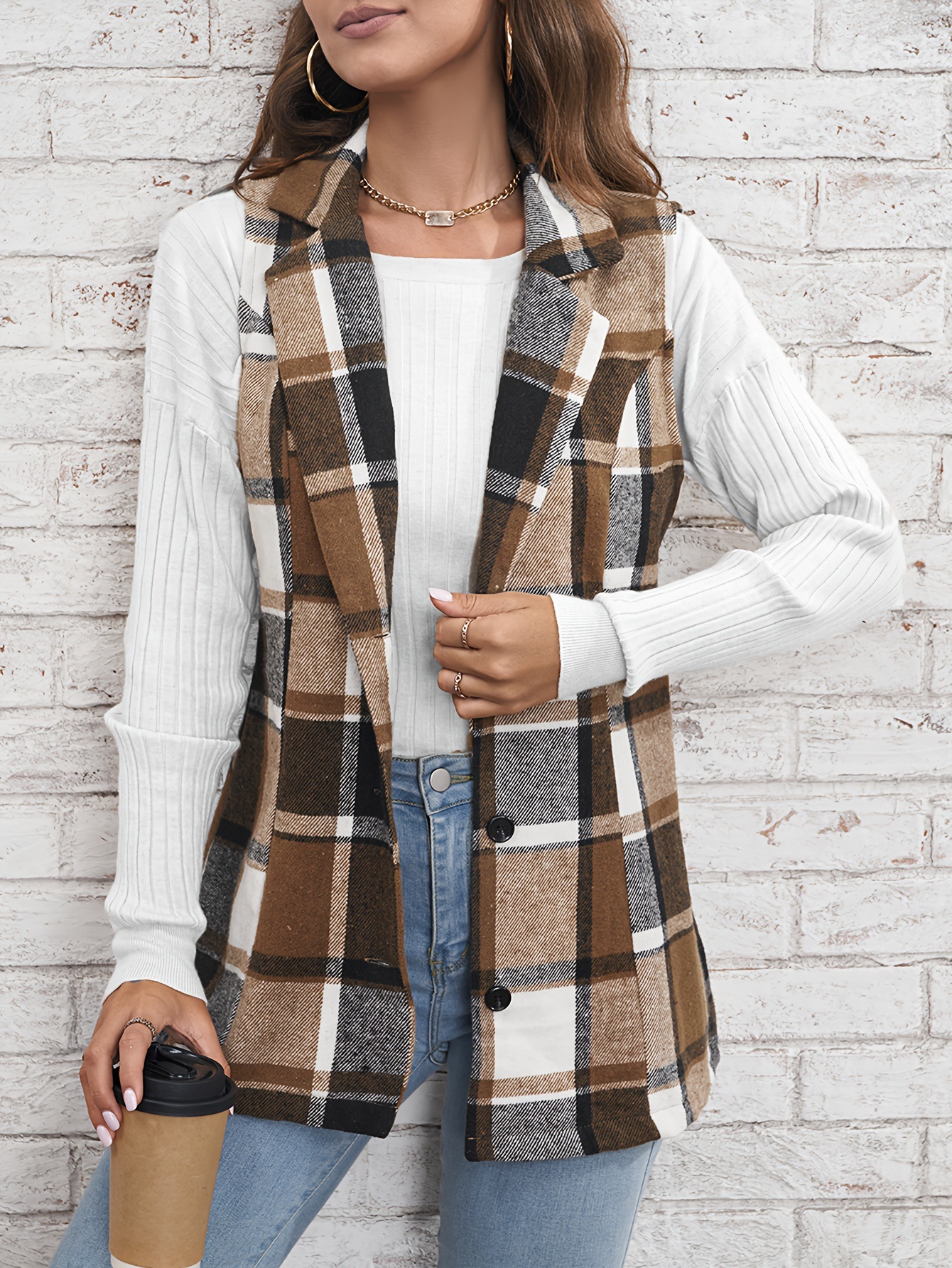 Fashion Women's Wear Lapel Suit Vest Plaid Coat