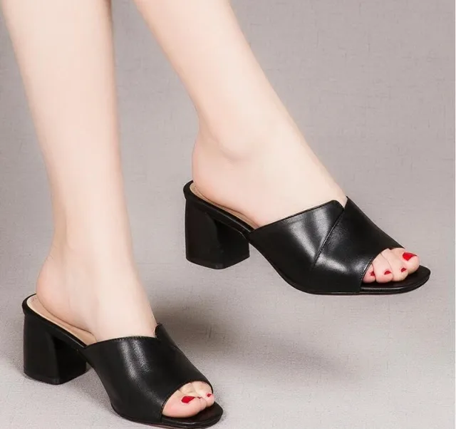Women's Summer New Soft Leather European Station Simple Thick Heel Ankle strap Sandals Black - Shop at LoveMi