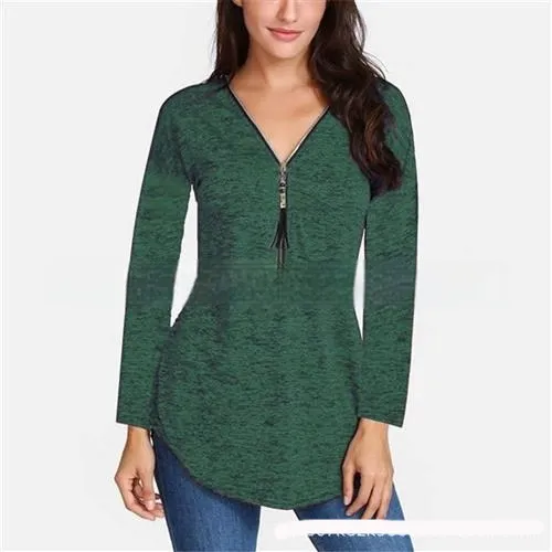 Tassel Zipper Swallowtail Solid Color Casual Long sleeved Green - Shop at LoveMi
