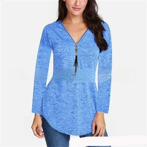 Tassel Zipper Swallowtail Solid Color Casual Long sleeved Blue - Shop at LoveMi